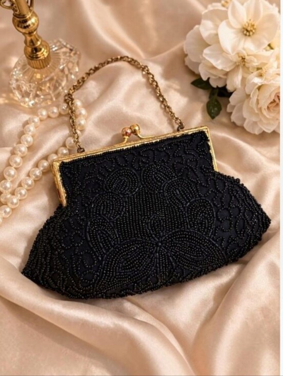 Vintage 40s Handbags - Vintage 1950s Handmade Belgium Black Beaded Kiss Clasp Evening Bag Gold Chain